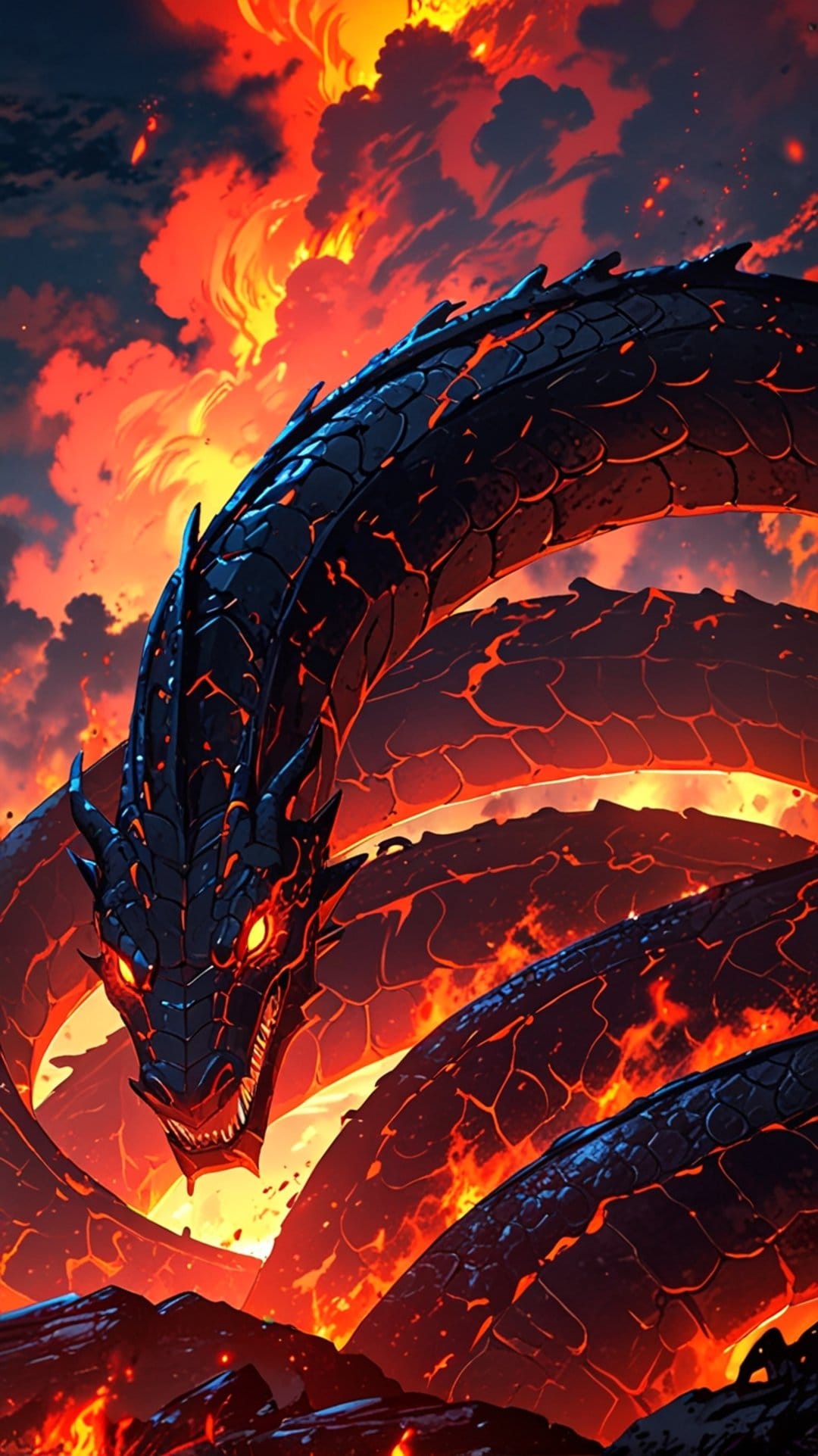 Giant black dragon with glowing red eyes and molten scales emerges from a volcanic lake of fire and orange sparks.