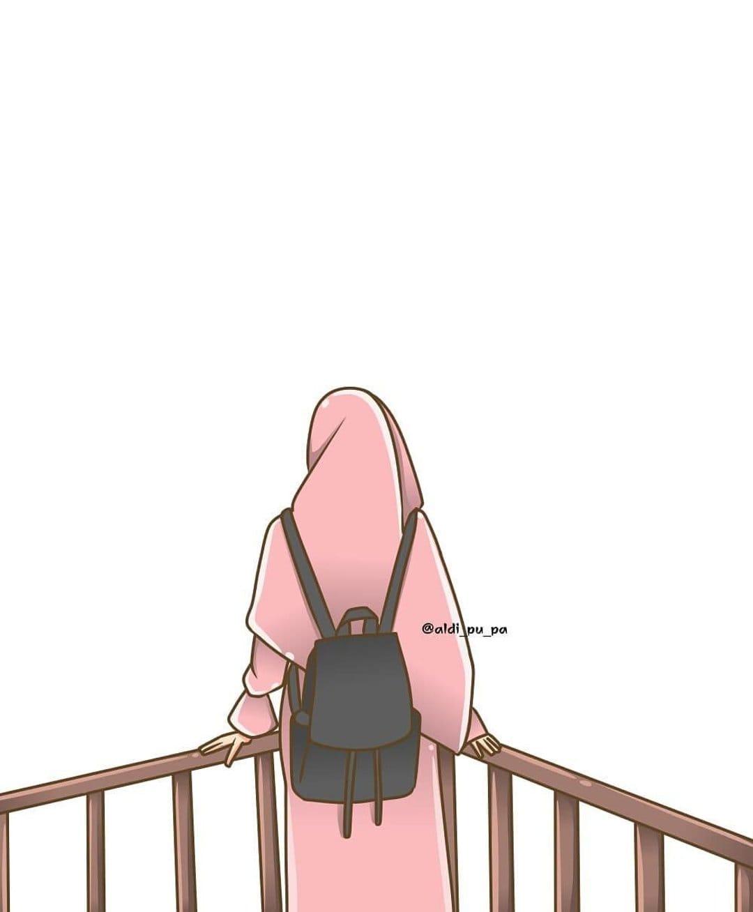 Woman in a pink hijab and abaya with a black backpack stands on a wooden balcony against a white background.