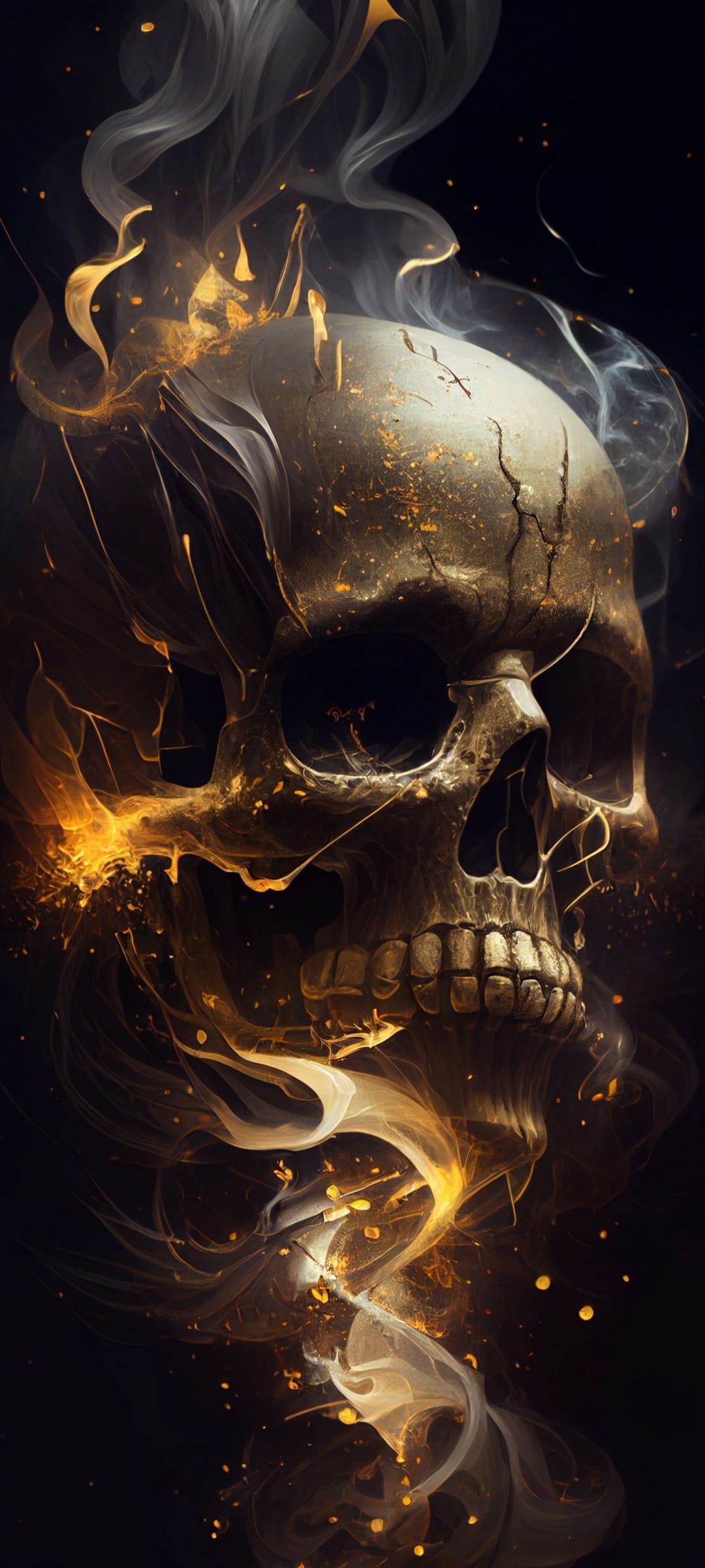 Cracked skull emitting a golden internal glow while enveloped in dark swirling smoke and floating embers.