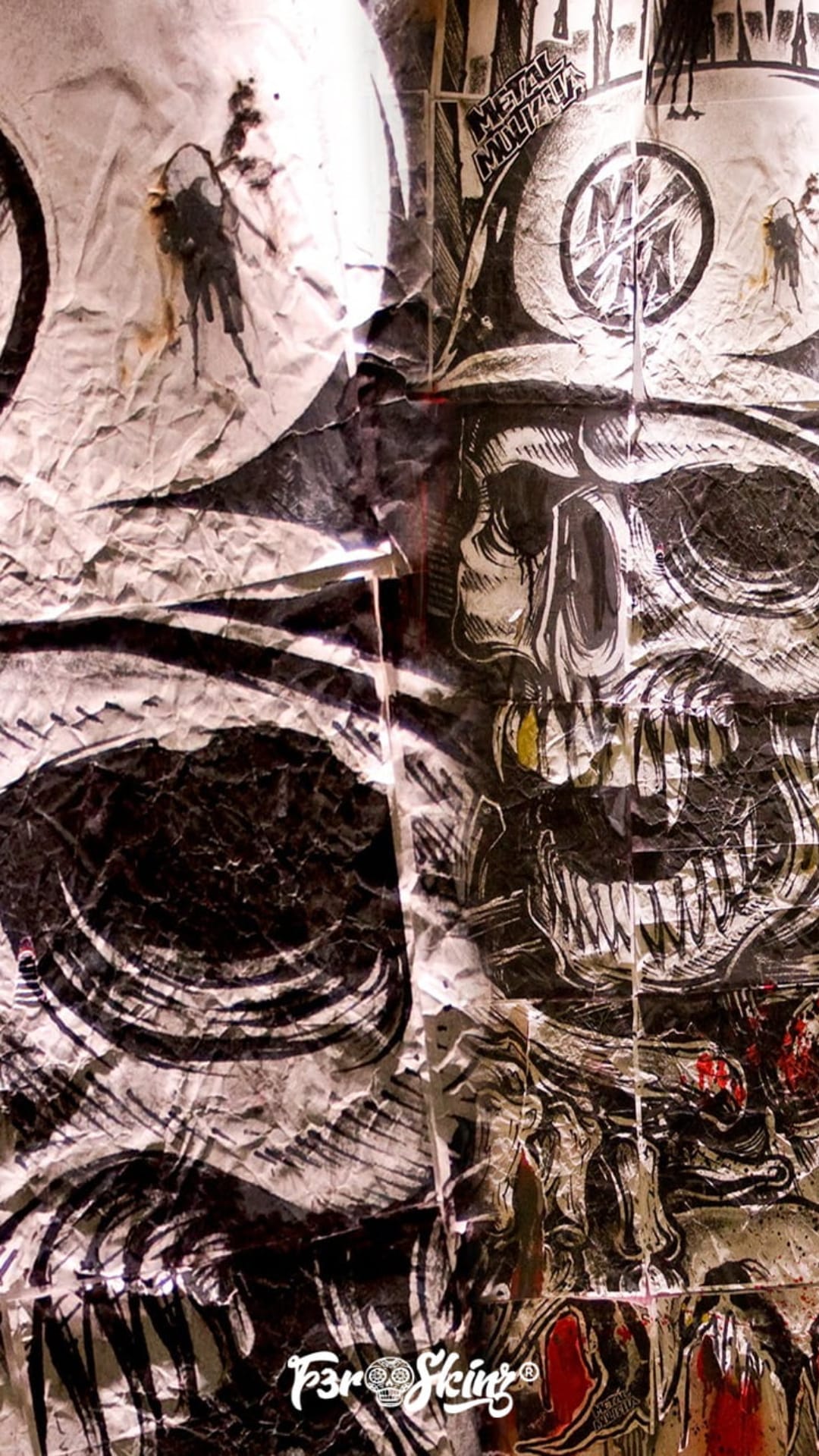 Helmeted skull with sharp teeth sits centered amidst a chaotic black and white graffiti ink collage texture.