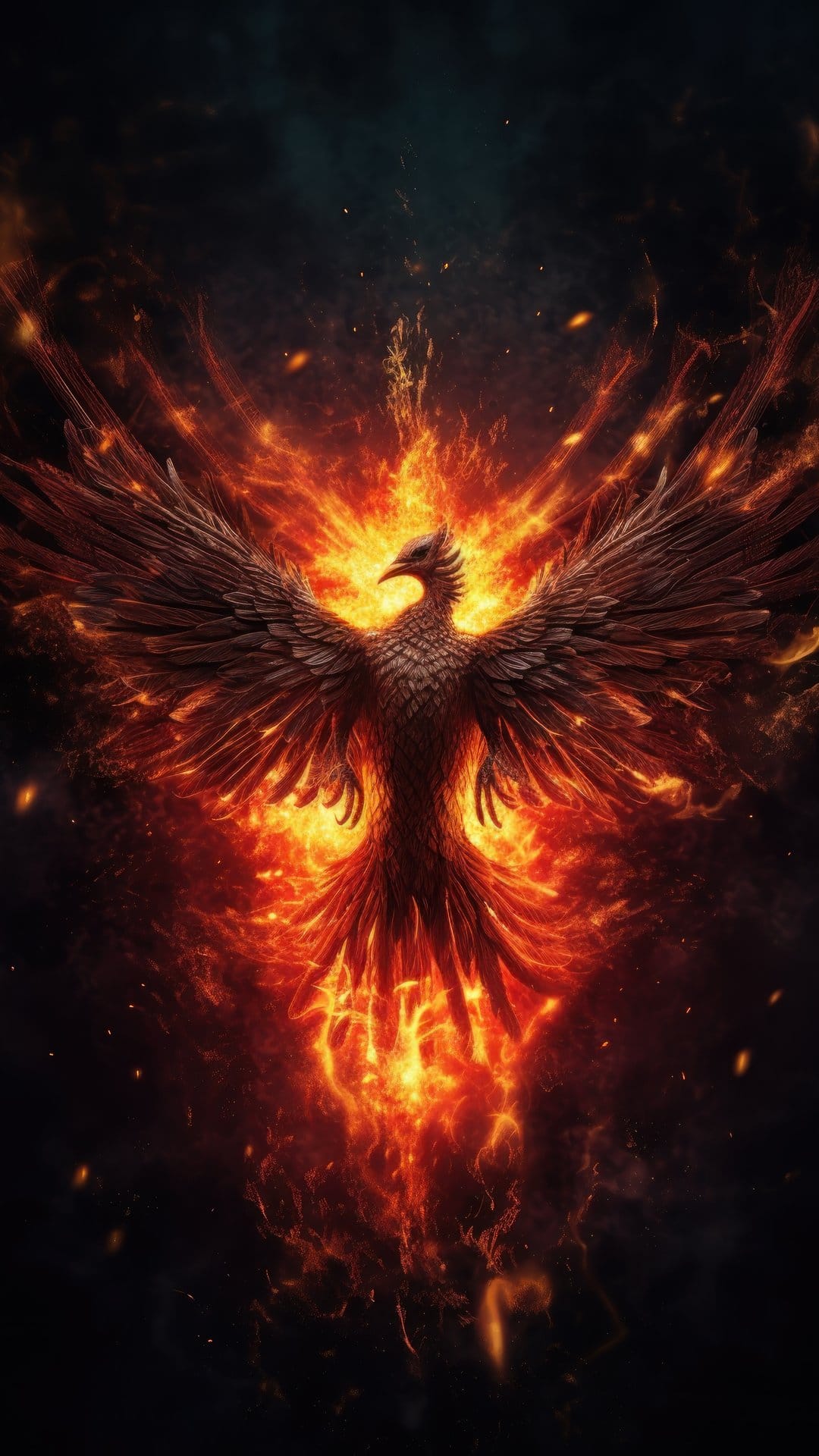 Phoenix with wide wings spreads through glowing orange embers and dark smoke during a fiery rebirth sequence.