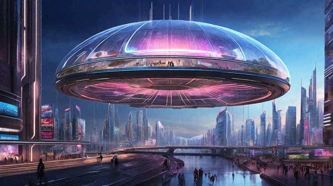 Massive transparent dome floating over a sunset-drenched city with skyscrapers, a river, and glowing walkways.