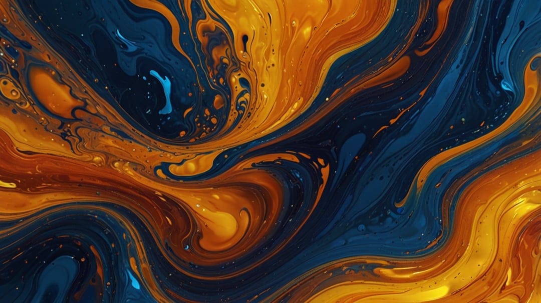 Swirling navy blue and bright orange paint layers form a fluid marble texture with tiny white speckles throughout.