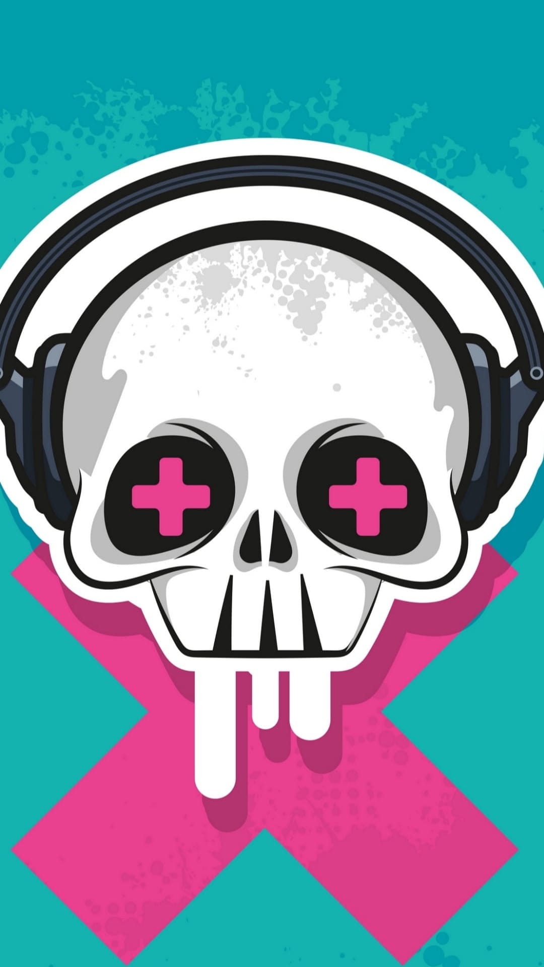 White skull wearing black headphones with pink cross eyes centered over a large pink X and teal paint splatters.