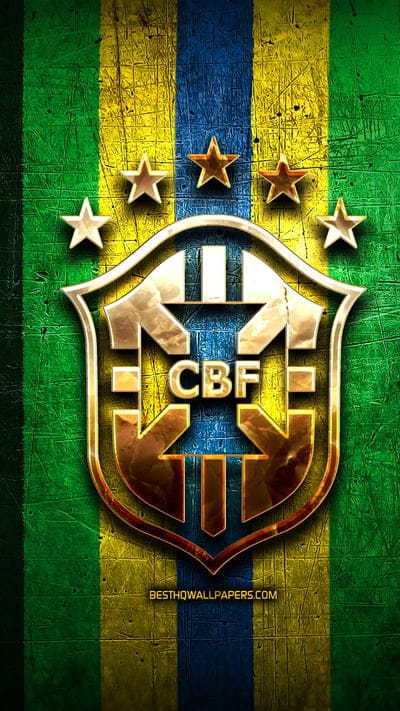 Brazil National Football Team, golden logo, South America, Conmebol, green metal background, Brazilian football team, soccer, CBF logo, football, Brazil