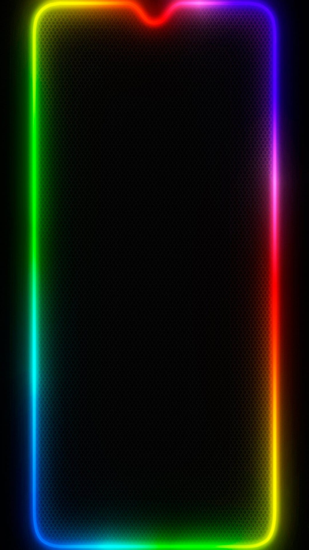 Vibrant neon rainbow border glows around a textured black center on this vertical smartphone background display.