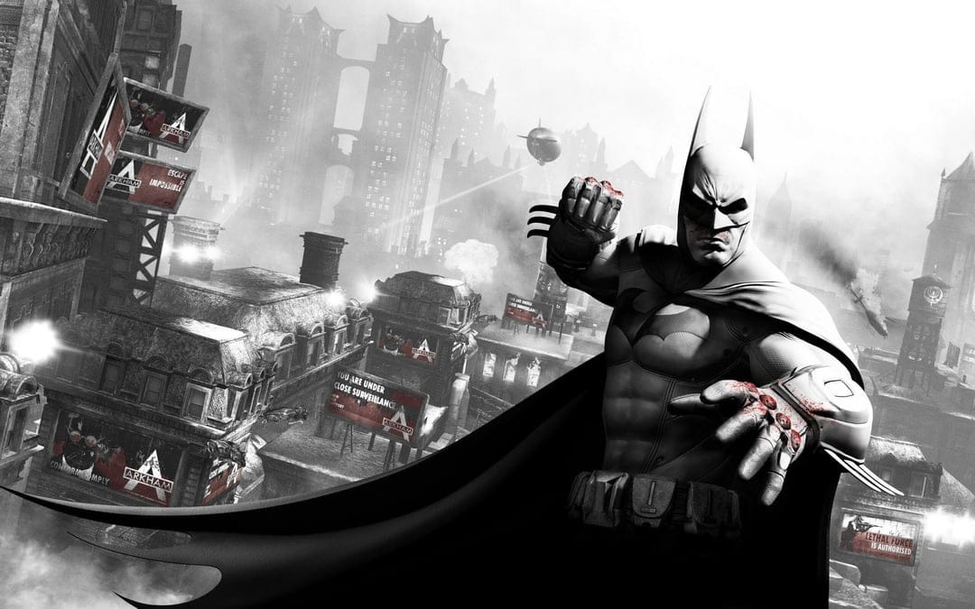 Batman with bloodied knuckles stands against a dark Gotham City skyline with blimps and propaganda signs.