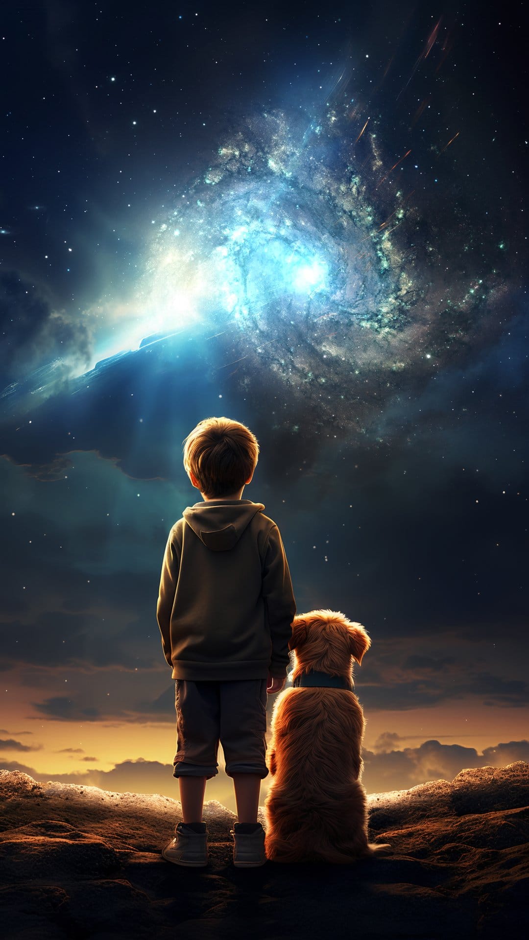 Boy and a small dog stand on a rocky cliff edge looking up at a giant glowing spiral galaxy in a dark sky.