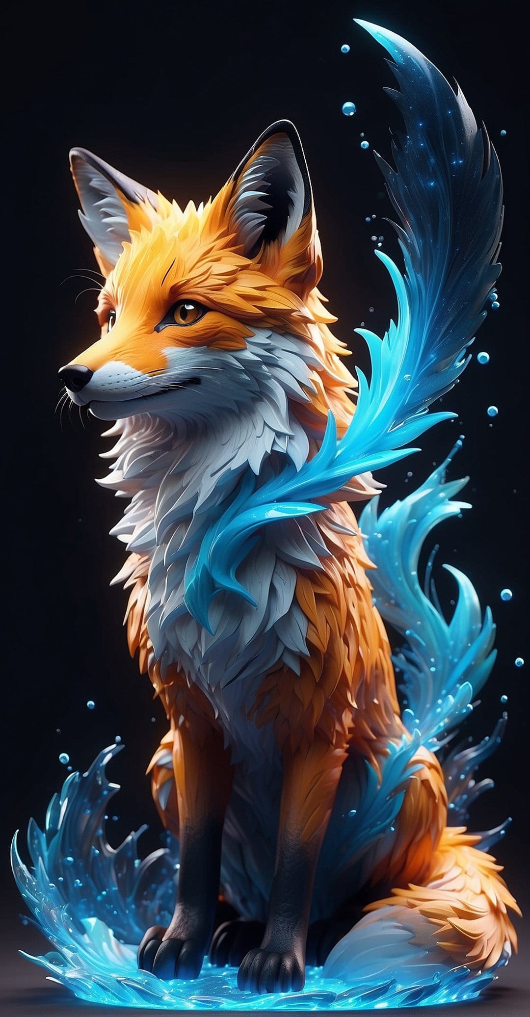 Fox with orange fur sits surrounded by flowing blue water splashes and droplets against a dark background.