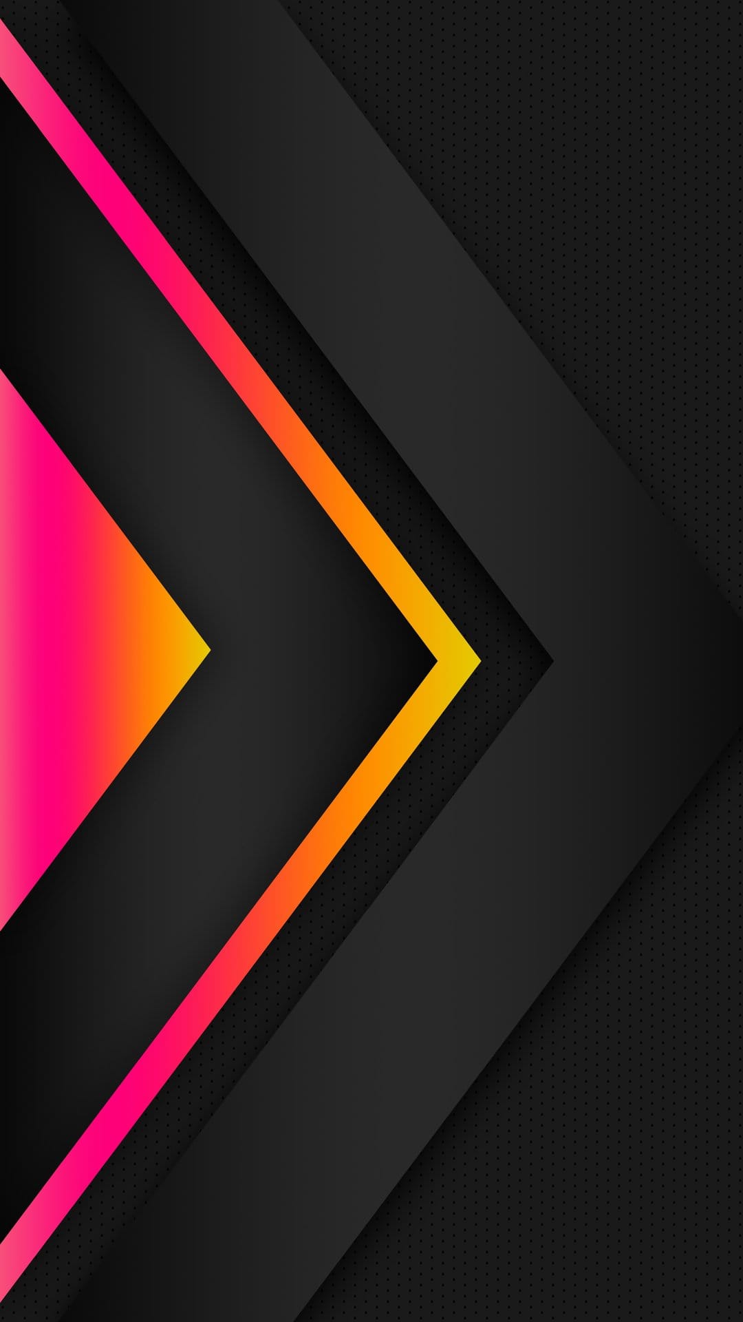 Layered black geometric shapes glow with neon pink and orange light across a dark textured surface background.