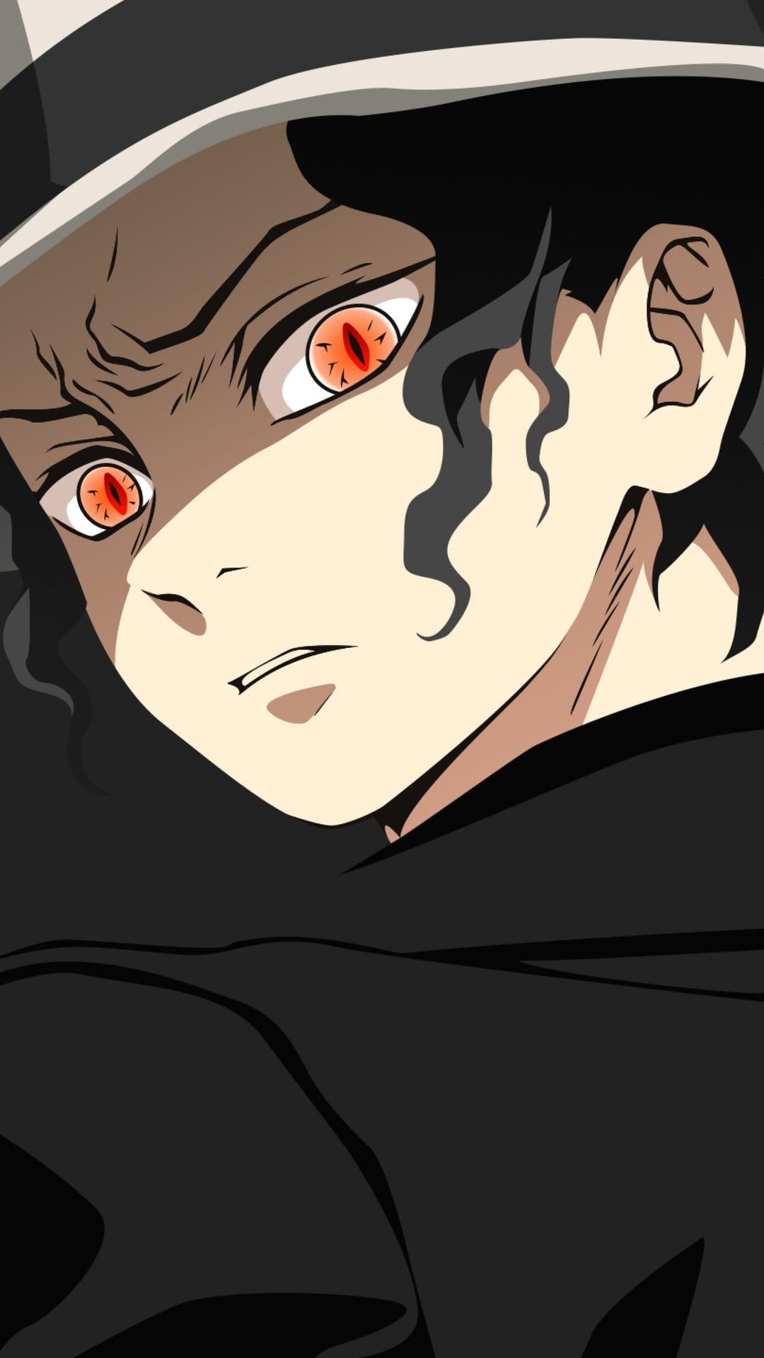 Muzan Kibutsuji with glowing red eyes and a menacing expression, half-shrouded in shadow against a dark background.
