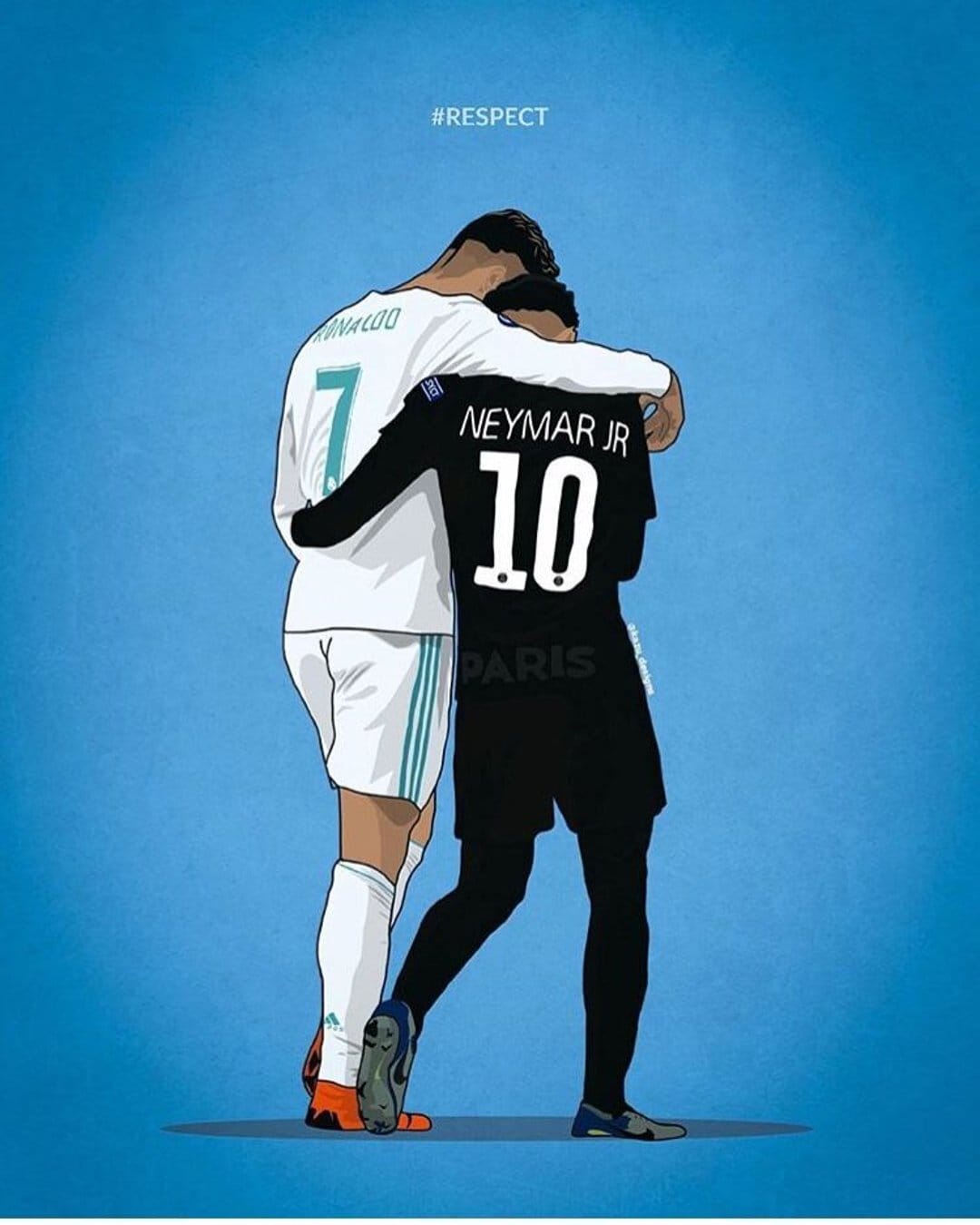 Cristiano Ronaldo and Neymar Jr embrace while wearing jerseys 7 and 10 against a solid blue background.