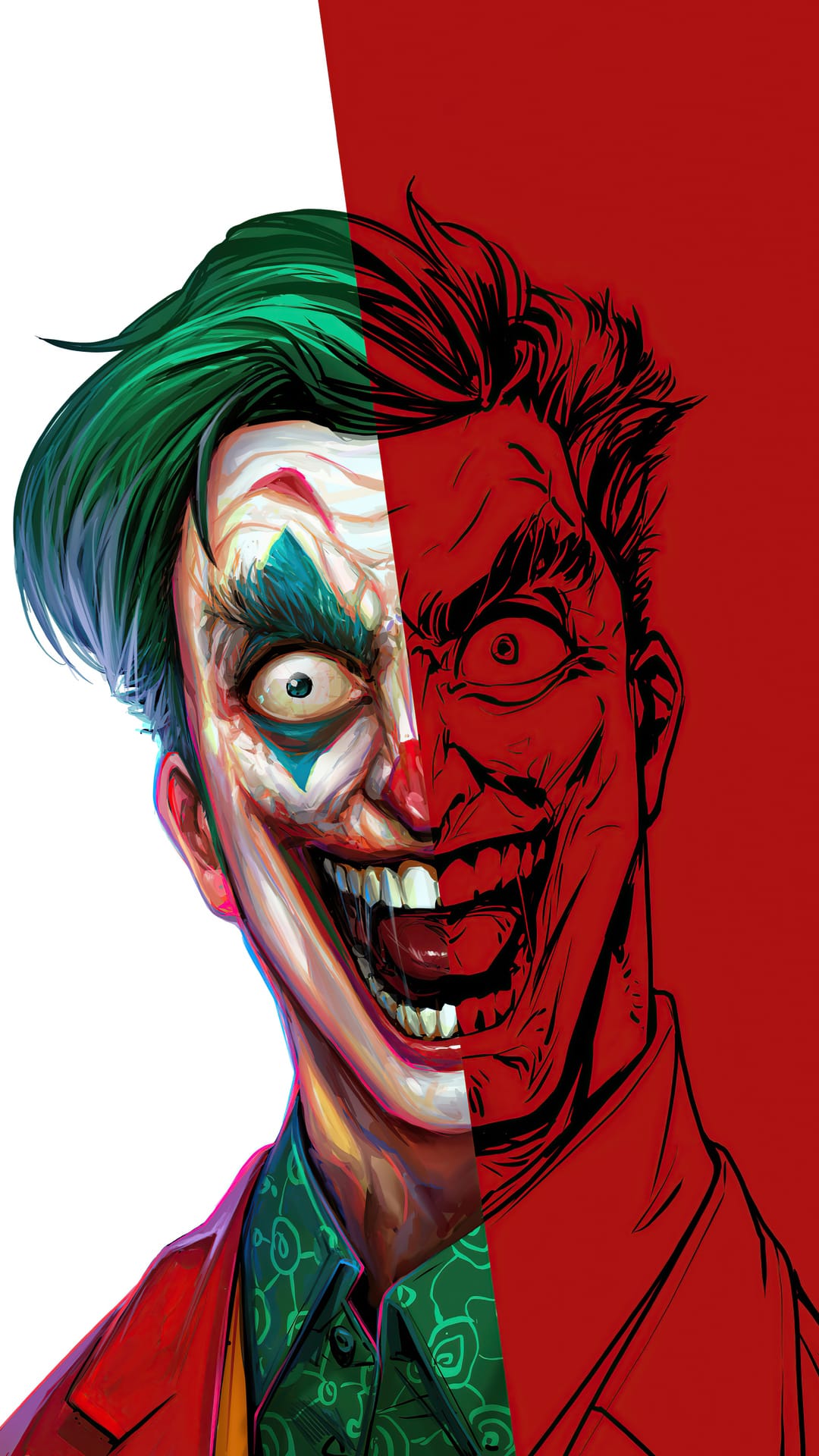 Joker with a split face showing white makeup and red ink lines against a crimson background and green hair.