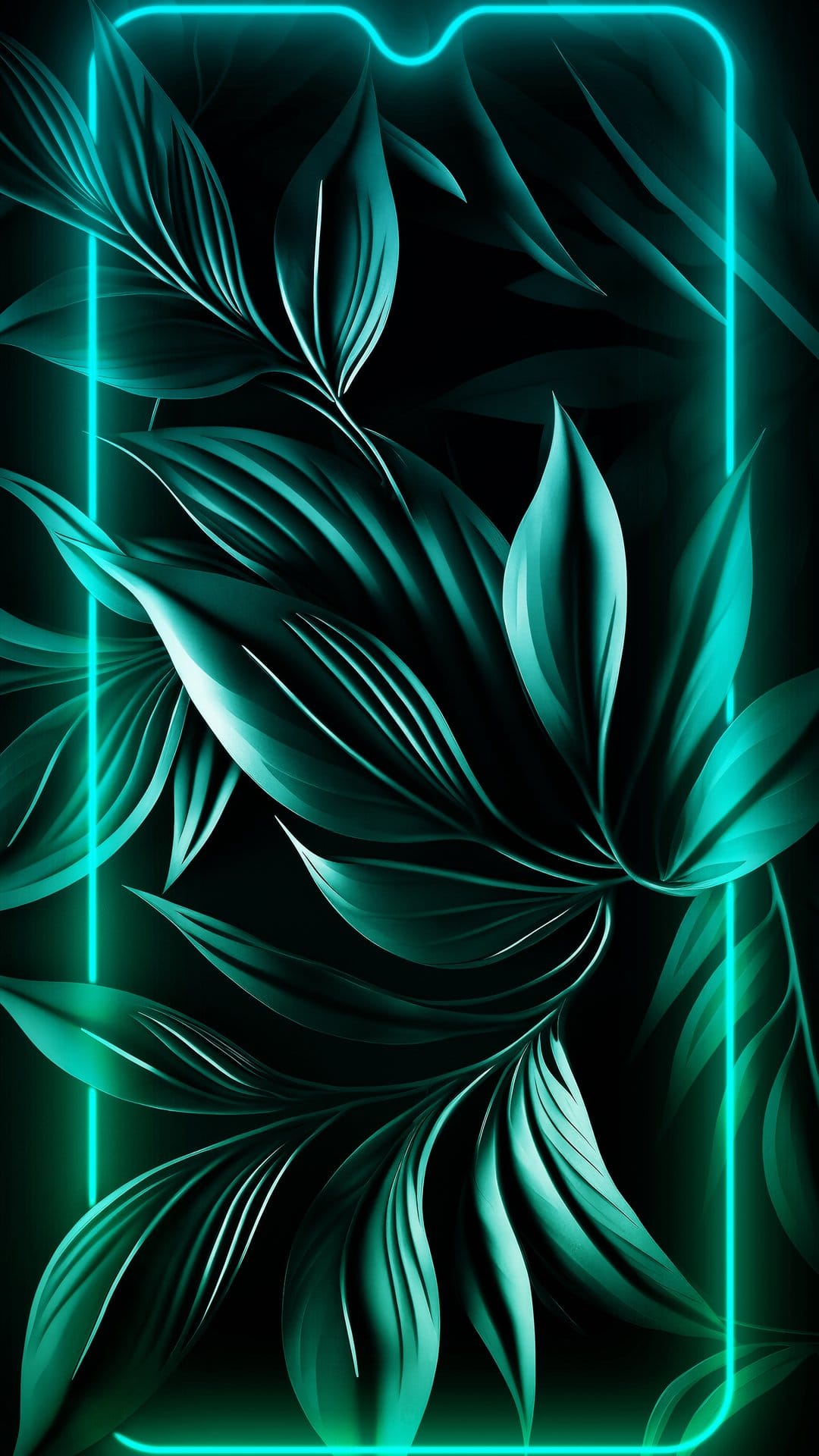 Teal botanical leaves and vines framed by a glowing turquoise border against a pitch-black background.