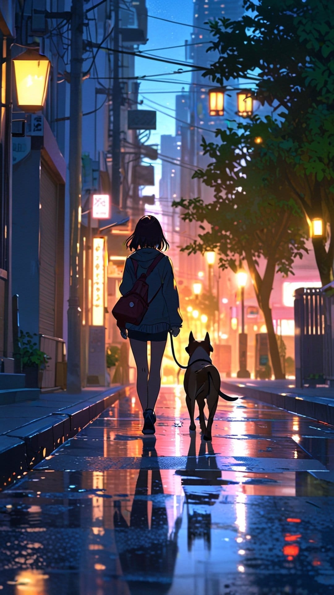 Short-haired girl walking a dog on a leash along a wet city street reflecting warm yellow lamplight at twilight.
