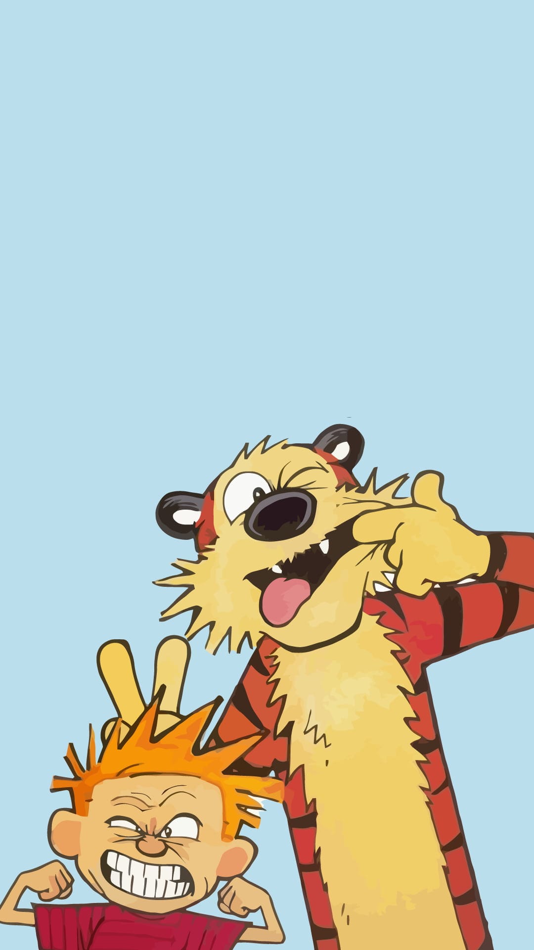 Calvin makes a peace sign and Hobbes pulls his cheek against a solid light blue backdrop with funny expressions.