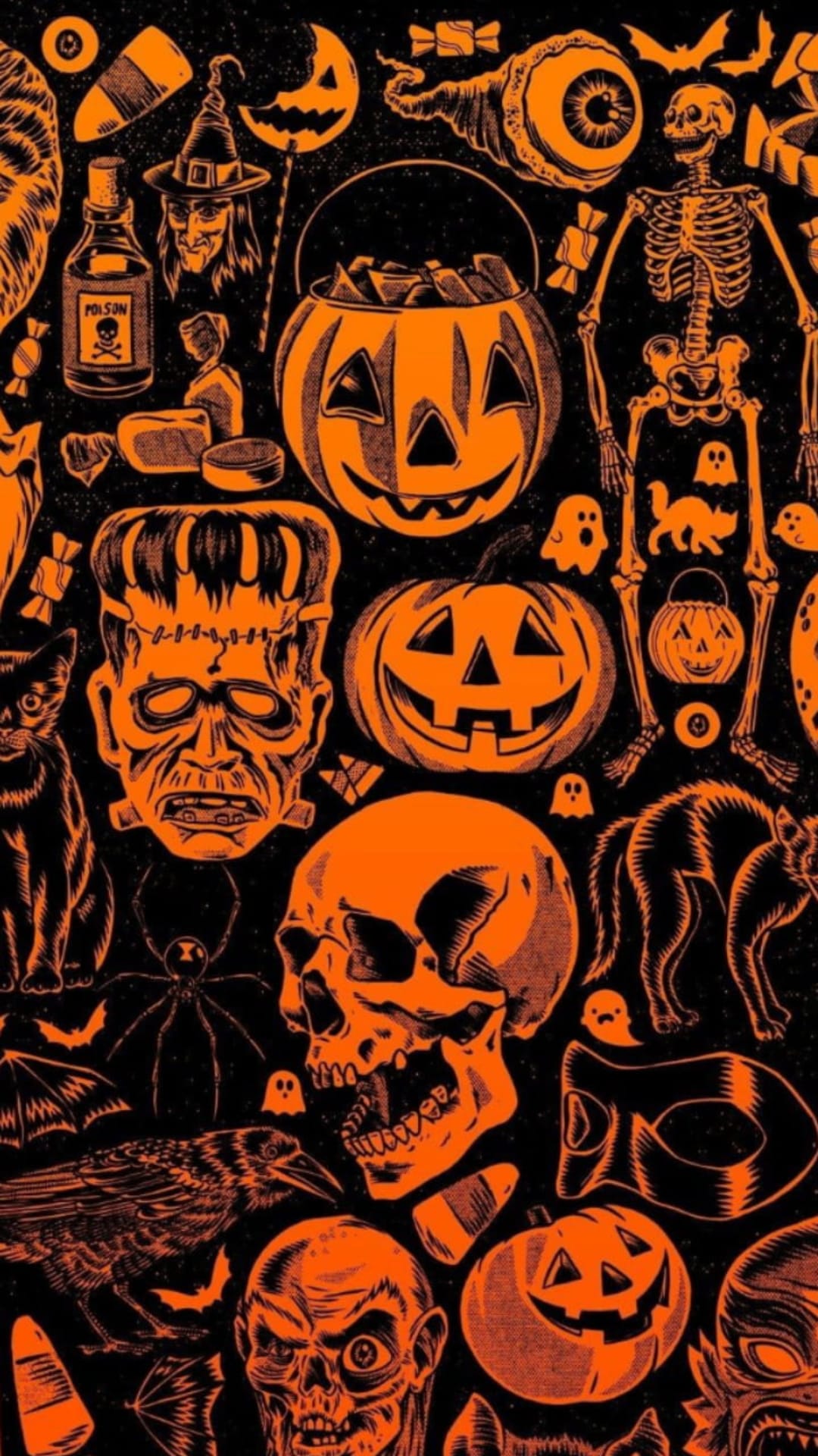 Grinning pumpkins, skeletons, and black cats repeat in an orange and black vintage Halloween seamless pattern.
