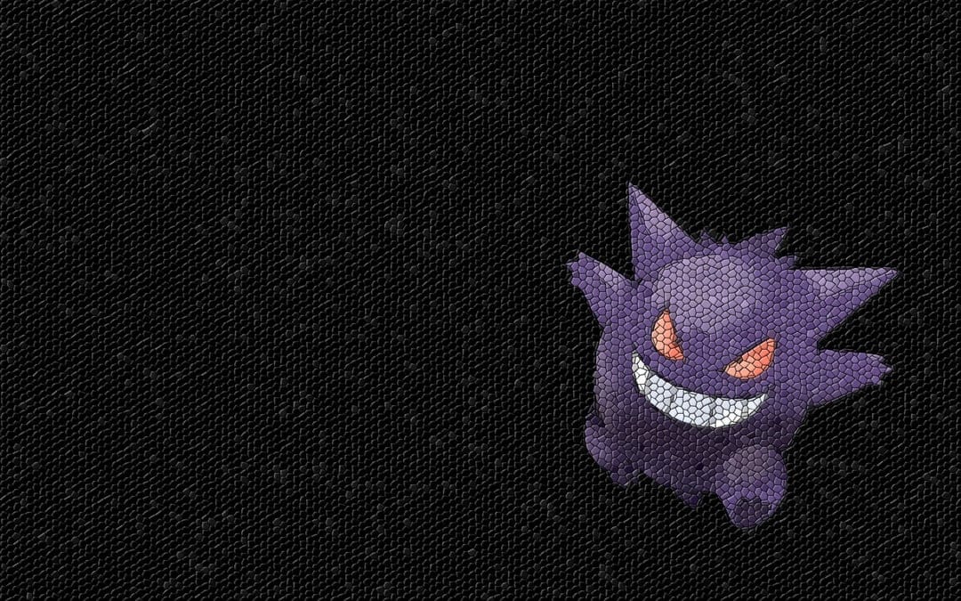 Geometric purple Gengar Pokemon with a wide grin and orange eyes on a black honeycomb textured background.