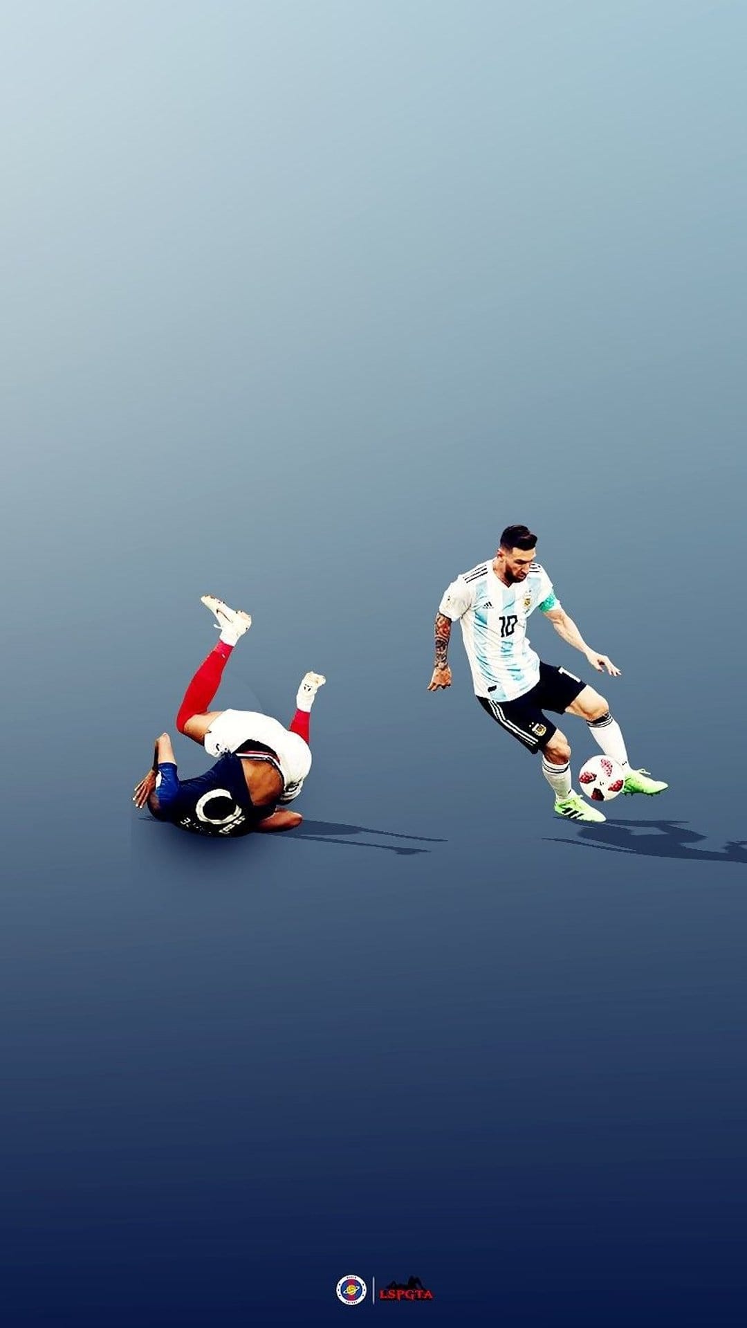 Lionel Messi dribbles a soccer ball past a fallen opponent while wearing a striped Argentina national team jersey.