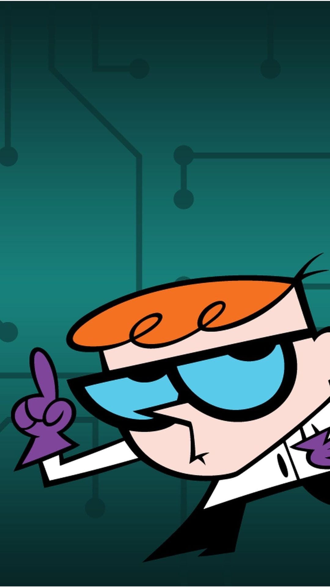 Dexter points his finger upward wearing a white lab coat and blue glasses against a teal circuit background.