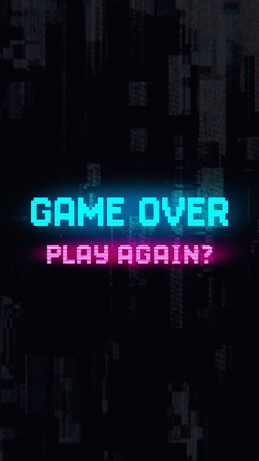 Neon blue Game Over text and pink Play Again prompt glow against a dark glitchy pixel art background.