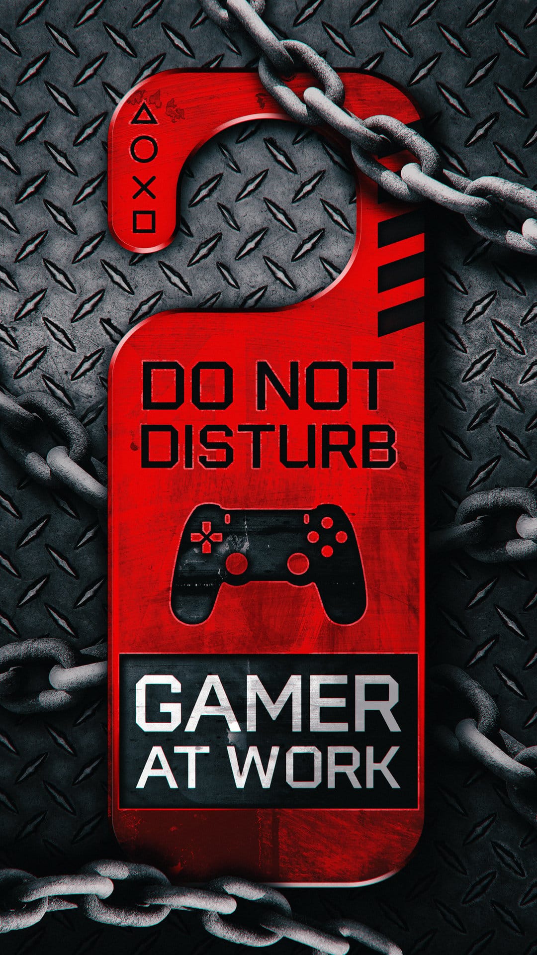 Red do not disturb gaming door hanger with console symbols draped in heavy steel chains against metal.
