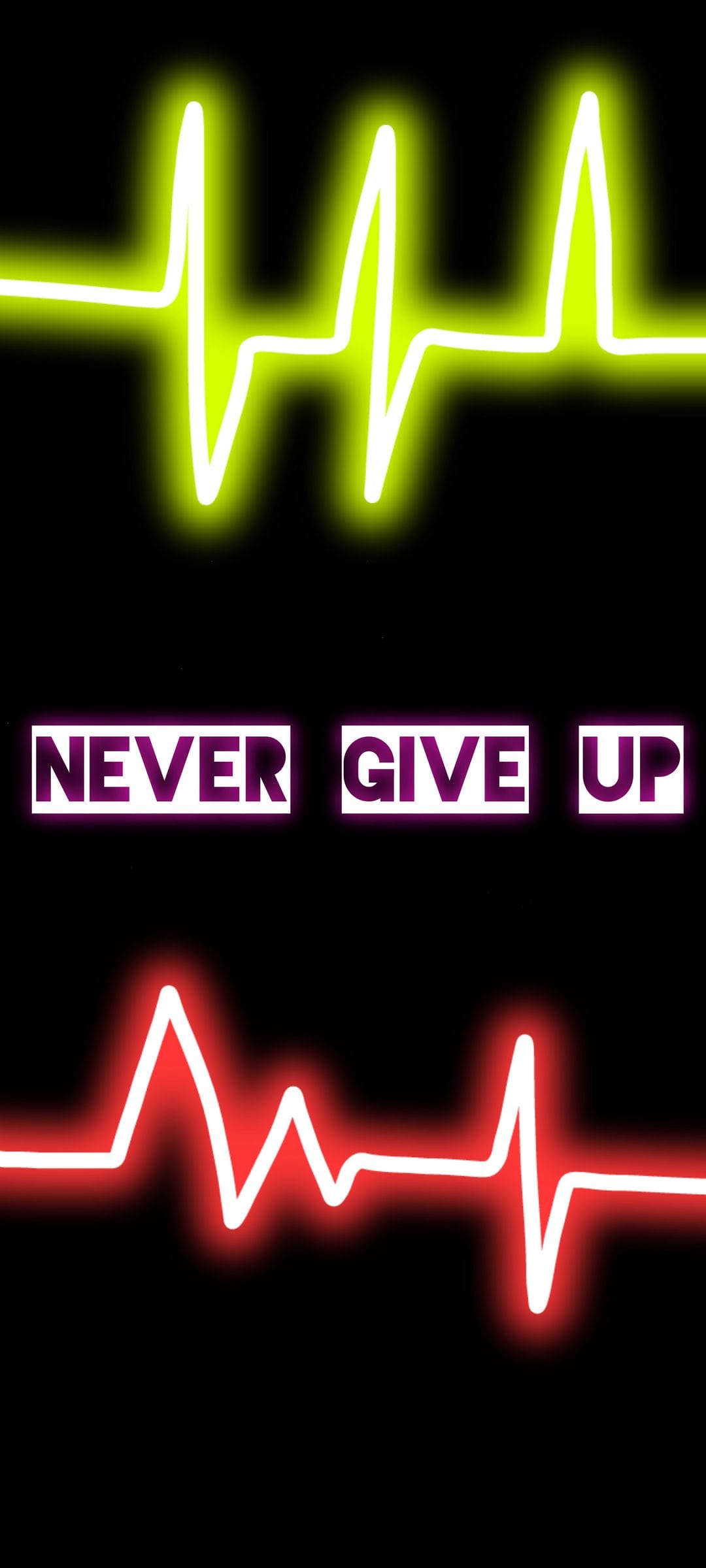 Purple neon text reading Never Give Up centered between yellow and red heartbeat lines on a black backdrop.