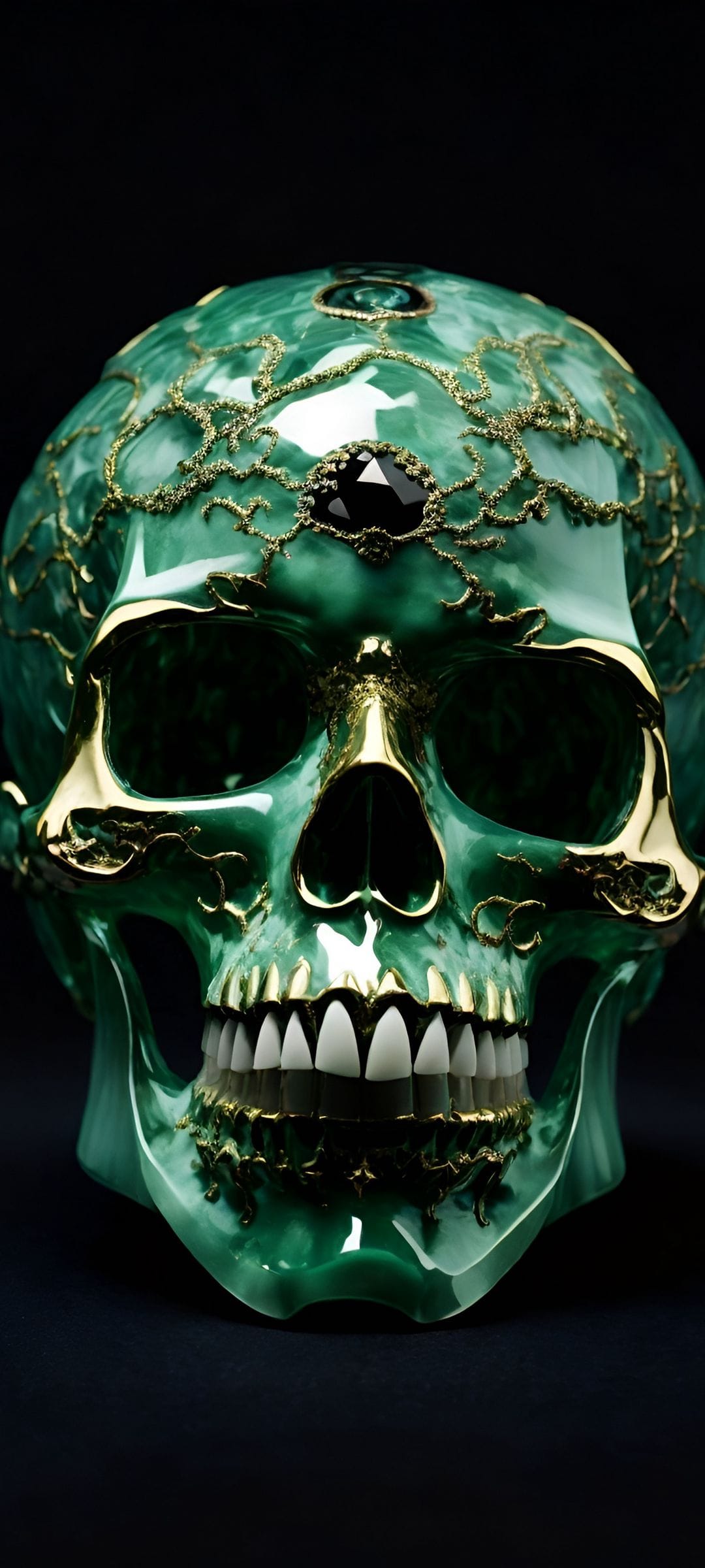 Green skull with gold filigree and a black forehead gemstone centered on a dark minimalist background.