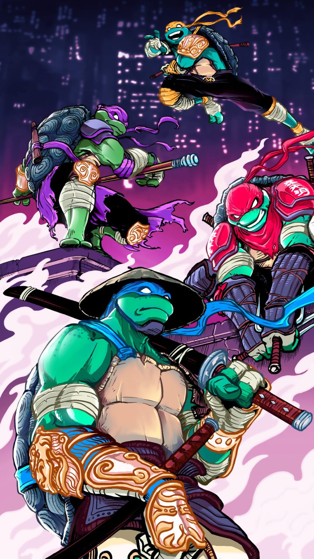 Leonardo, Raphael, Michelangelo, and Donatello fight on a dark rooftop with a glowing city skyline behind them.