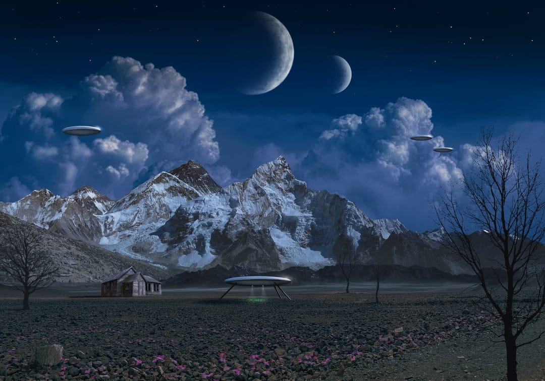 Glowing UFOs hover above a snowy mountain range and a small cabin under two moons in a deep blue night sky.