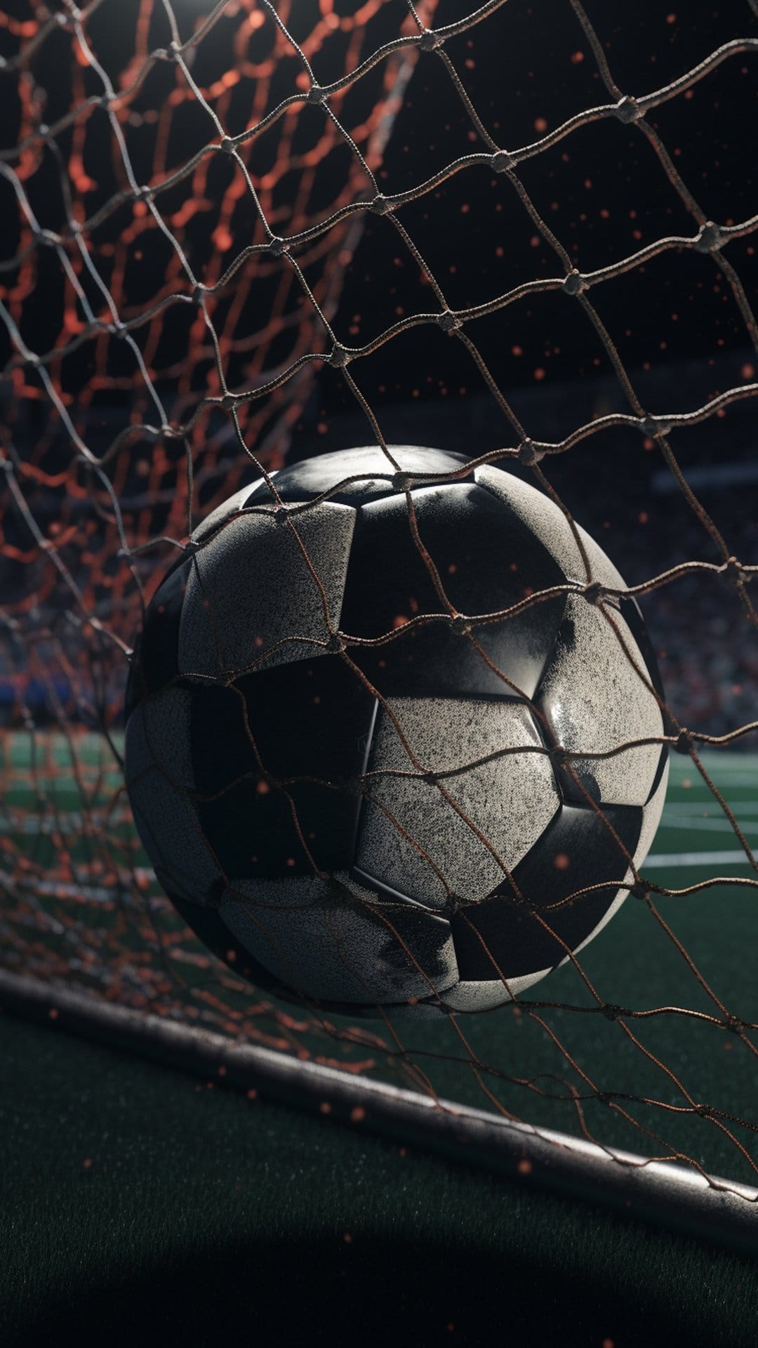 Soccer ball stretches a white mesh net against blurred stadium lights and a green grass field at night.