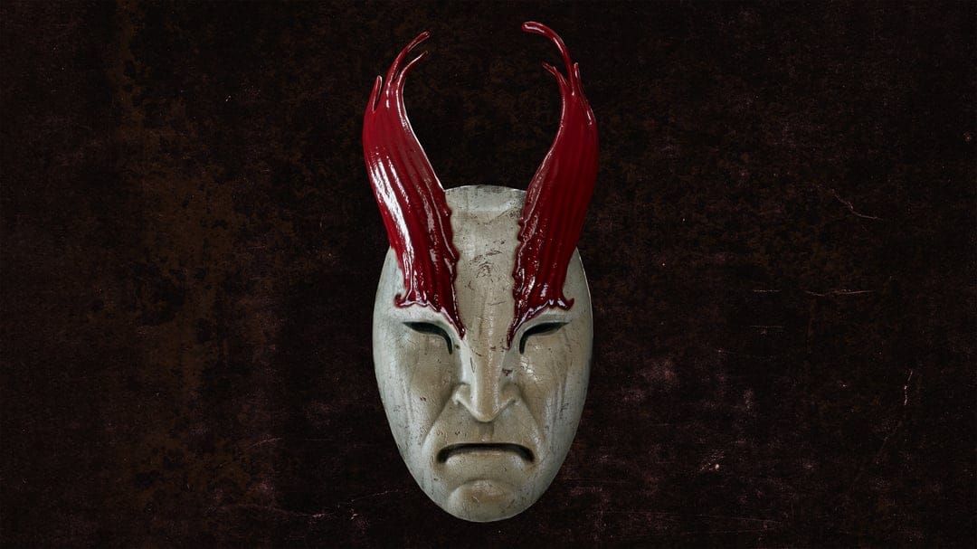 Weathered white mask with deep red liquid horns splashing from its eyes against a dark textured backdrop.