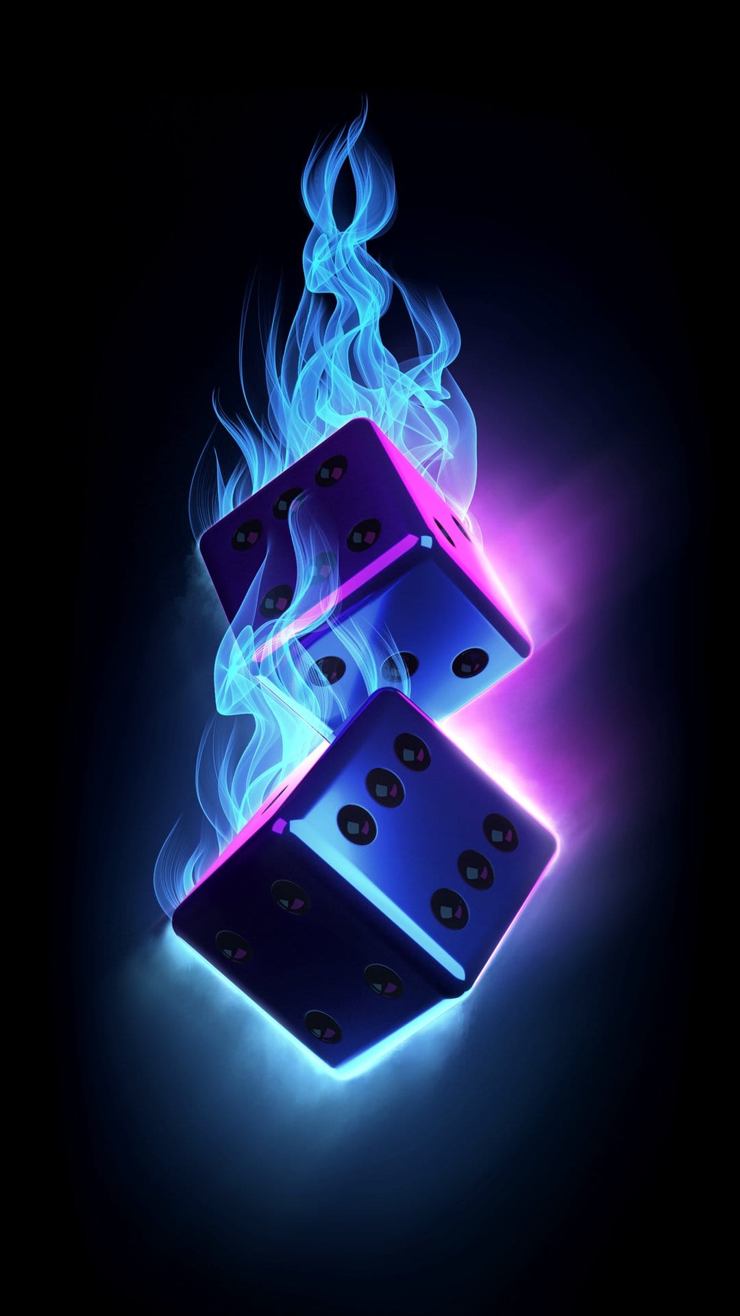 Two dice engulfed in blue and purple flames glow against a black background with smoke and neon light trails.