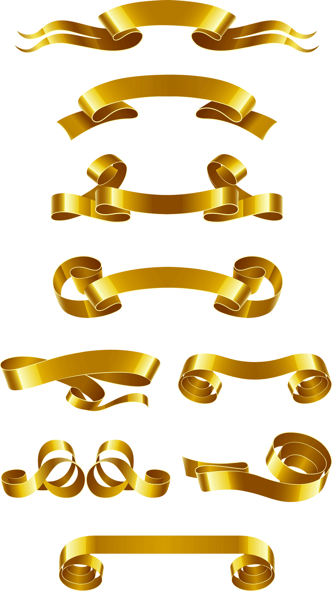 Gold ribbon banner with a polished metallic texture and geometric euclidean curves isolated on a clear background.