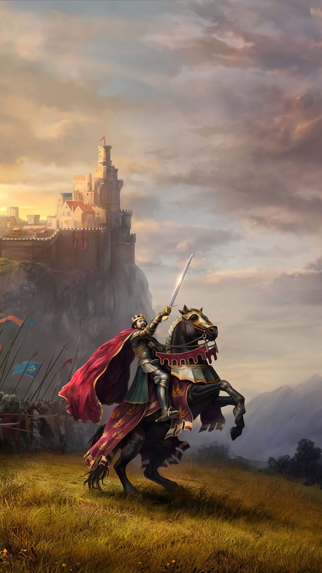 Crowned knight on horseback raises a sword before a cliffside castle during a golden sunset over a grassy field.