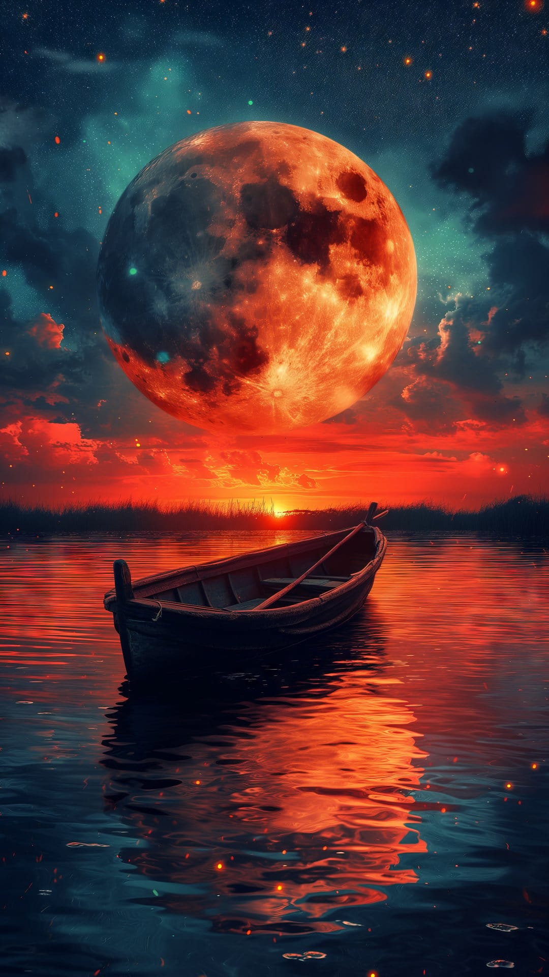 Solitary boat rests on calm water reflecting a giant fiery moon and orange clouds in a vertical twilight sky.
