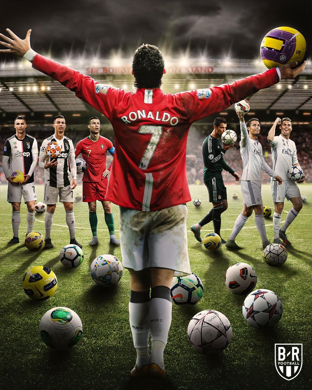 Cristiano Ronaldo in a red jersey holds a soccer ball aloft on a field filled with footballs and distant players.