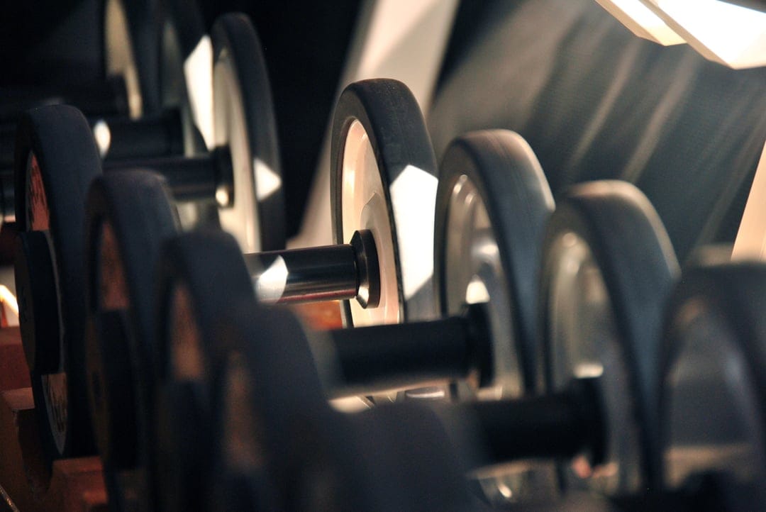 Polished steel dumbbells on a gym rack with knurled handles and a blurred workout room background in soft light.
