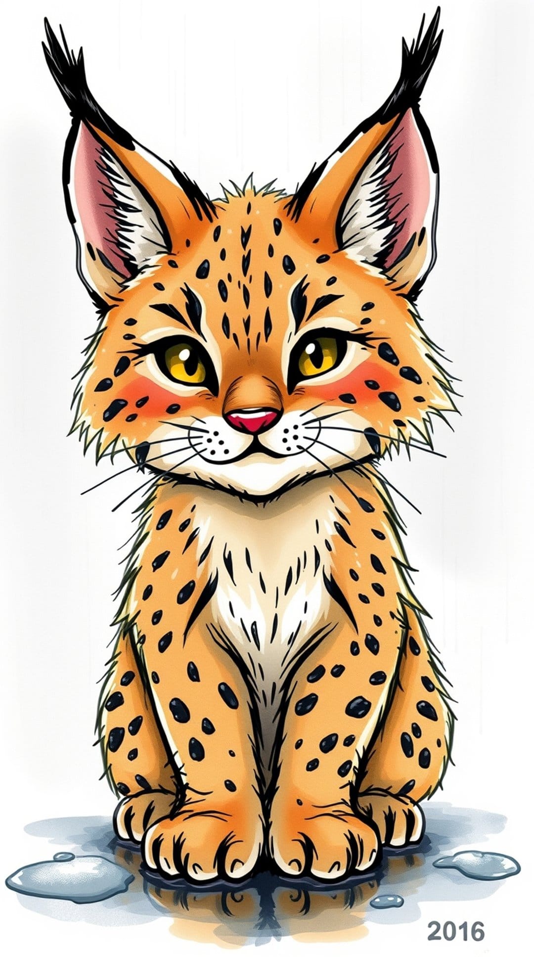 Orange lynx kitten with large yellow eyes and tufted ears sits on a frozen surface with a light blue background.