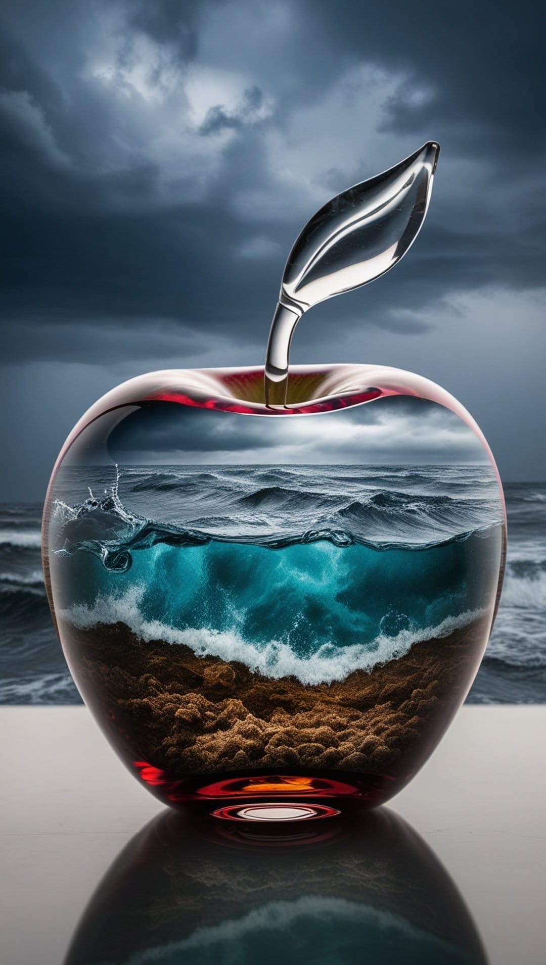 Glass apple containing a miniature stormy ocean with crashing waves and dark clouds on a sandy beach.