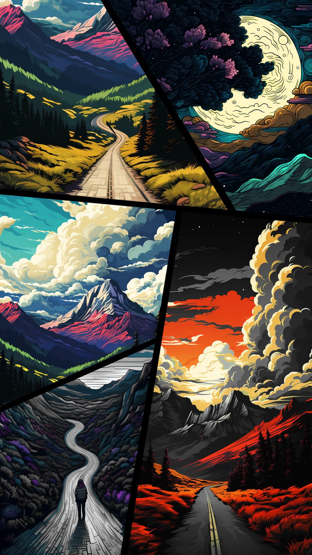Geometric mountain peaks, winding roads, and a celestial night sky arranged in a vibrant artistic collage.