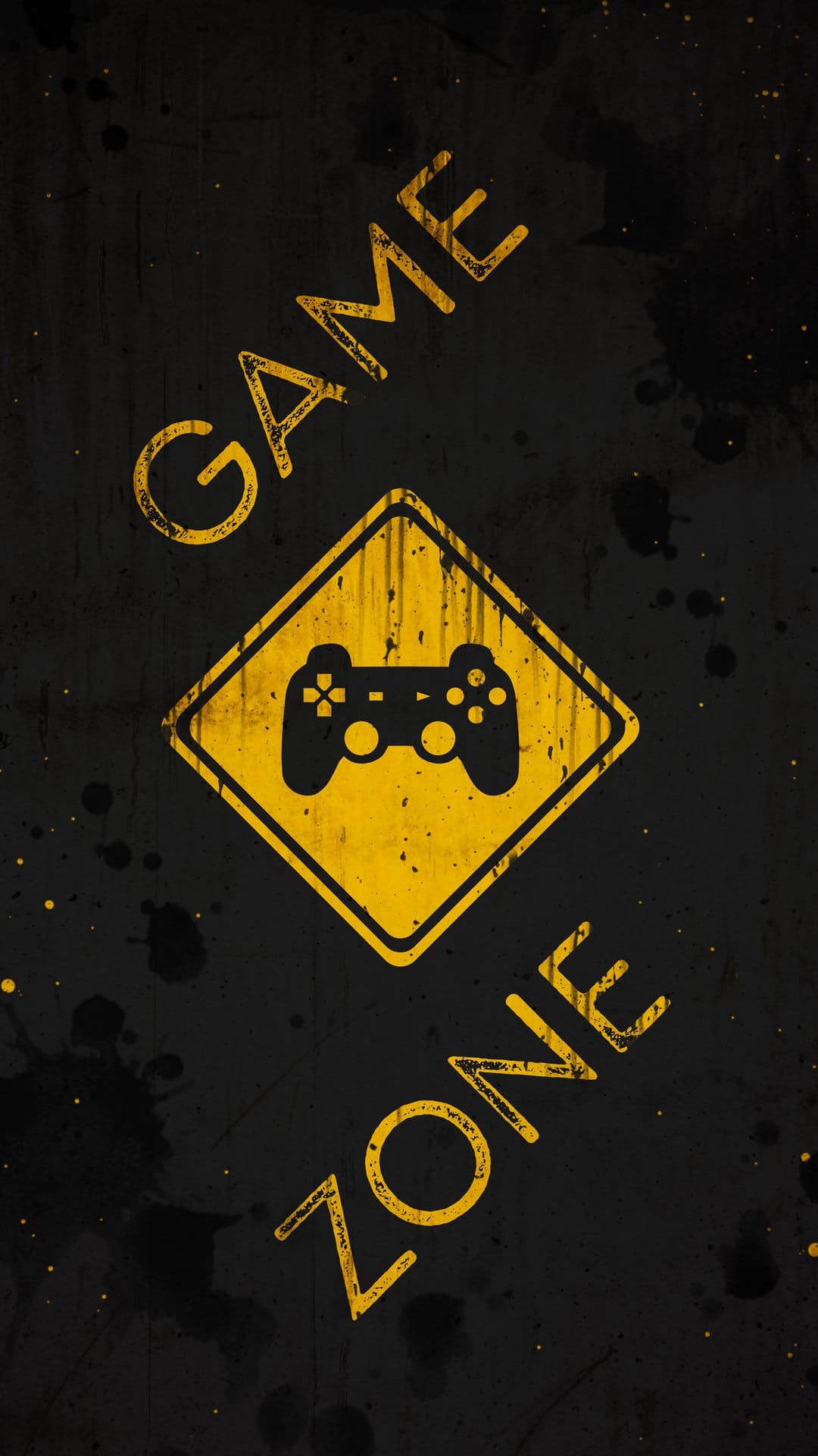 Distressed yellow warning sign with a black game controller icon centered on a dark ink-splattered background.