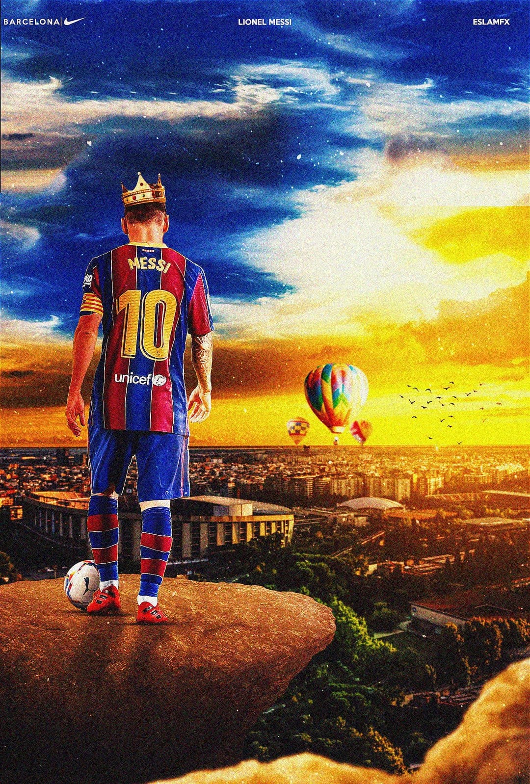 Lionel Messi wearing a golden crown stands on a cliff overlooking the city of Barcelona and Camp Nou at sunset.