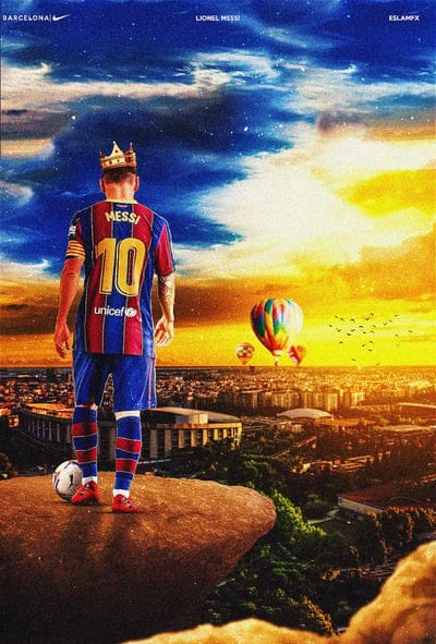 messi,football player,crown,top,balloons,city,horizon,sunset