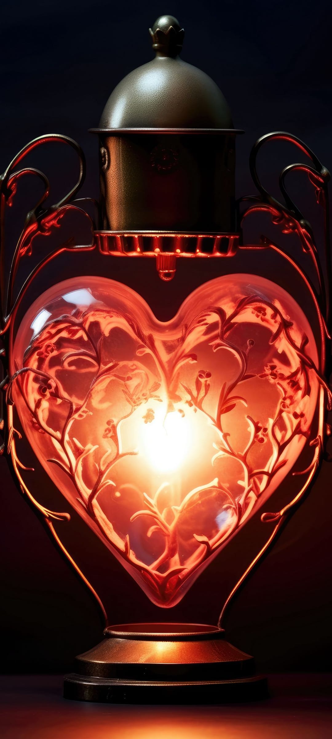 Heart-shaped lantern featuring etched red glass and ornate black metal scrollwork glowing from a central light.