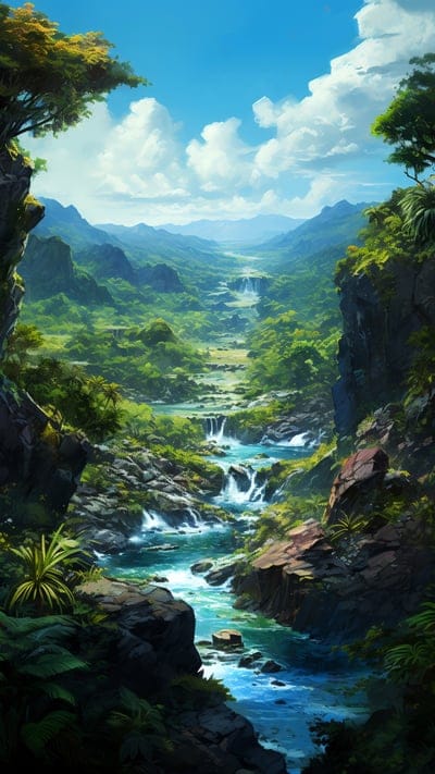 stream,stones,grass,trees,mountains,art,nature