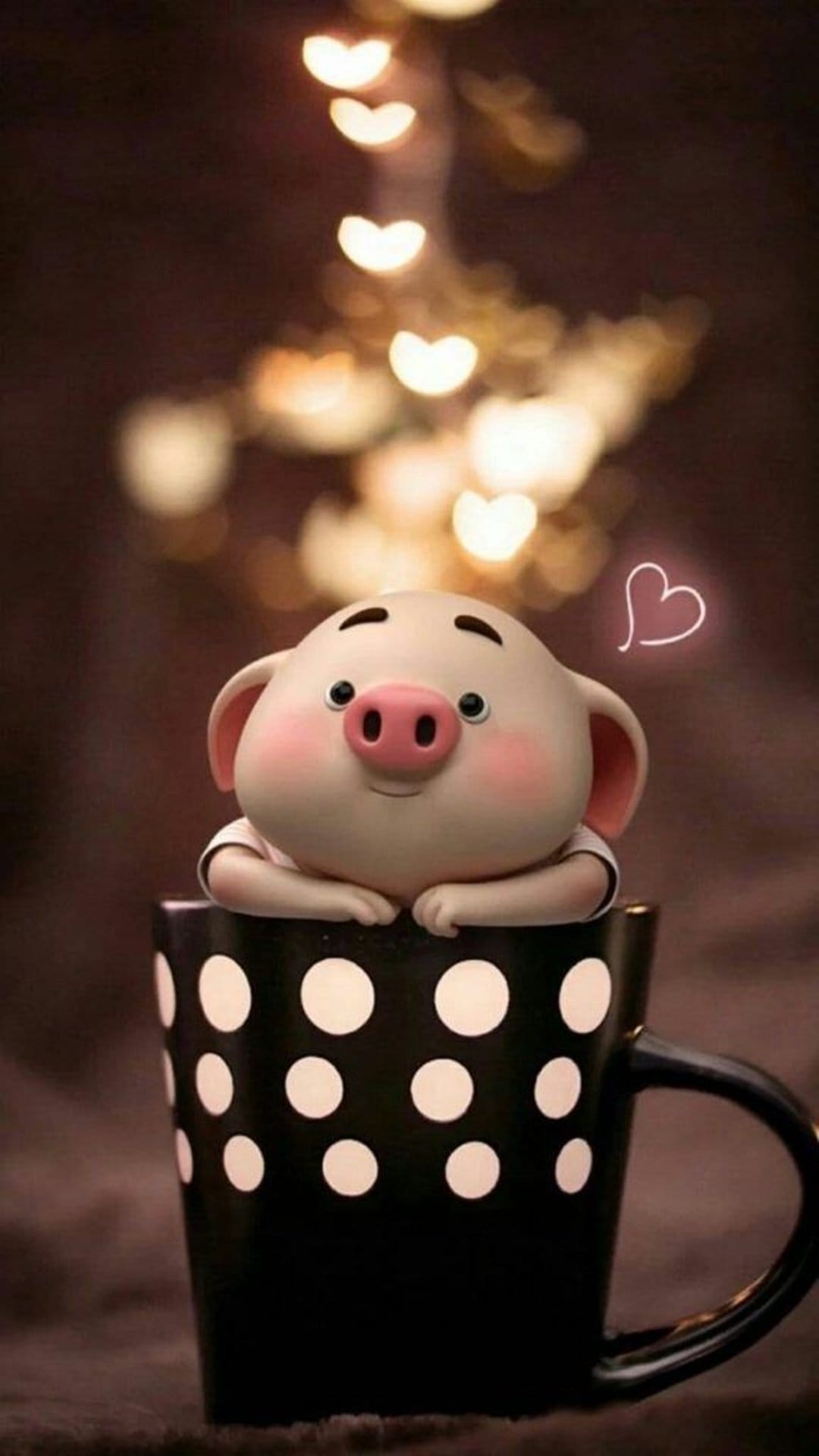 Chubby piglet resting inside a black and white polka dot mug with a backdrop of glowing heart bokeh lights.