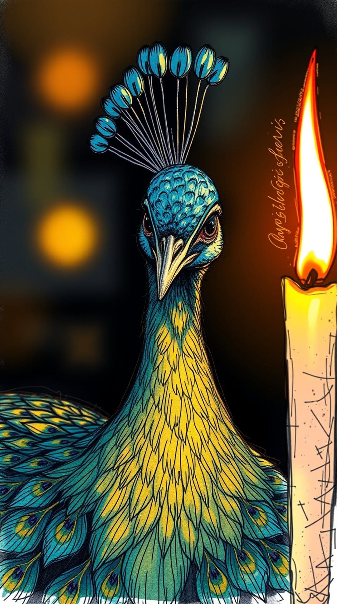 Peacock head with blue plumage and a sharp eye is lit by a warm candle flame against soft orange bokeh circles.