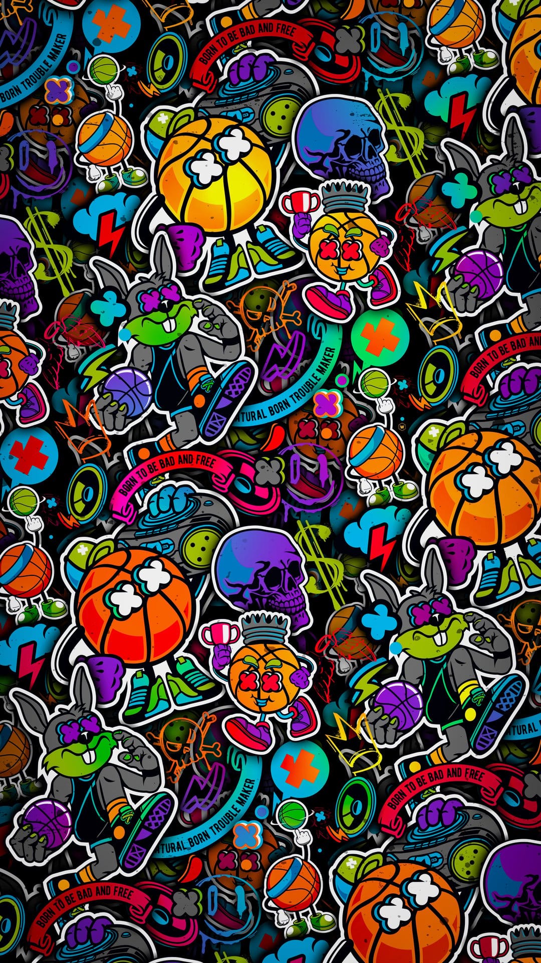 Neon skulls and basketball characters overlap in a dense sticker bomb pattern with lightning bolts and symbols.