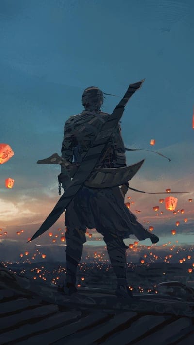 fantasy art, warrior, silhouette, floating lanterns, mystical, twilight, serene, adventure, glowing lights, sole figure, curved blade, dark warrior, digital painting, atmospheric, peaceful, art print, landscape, mysterious